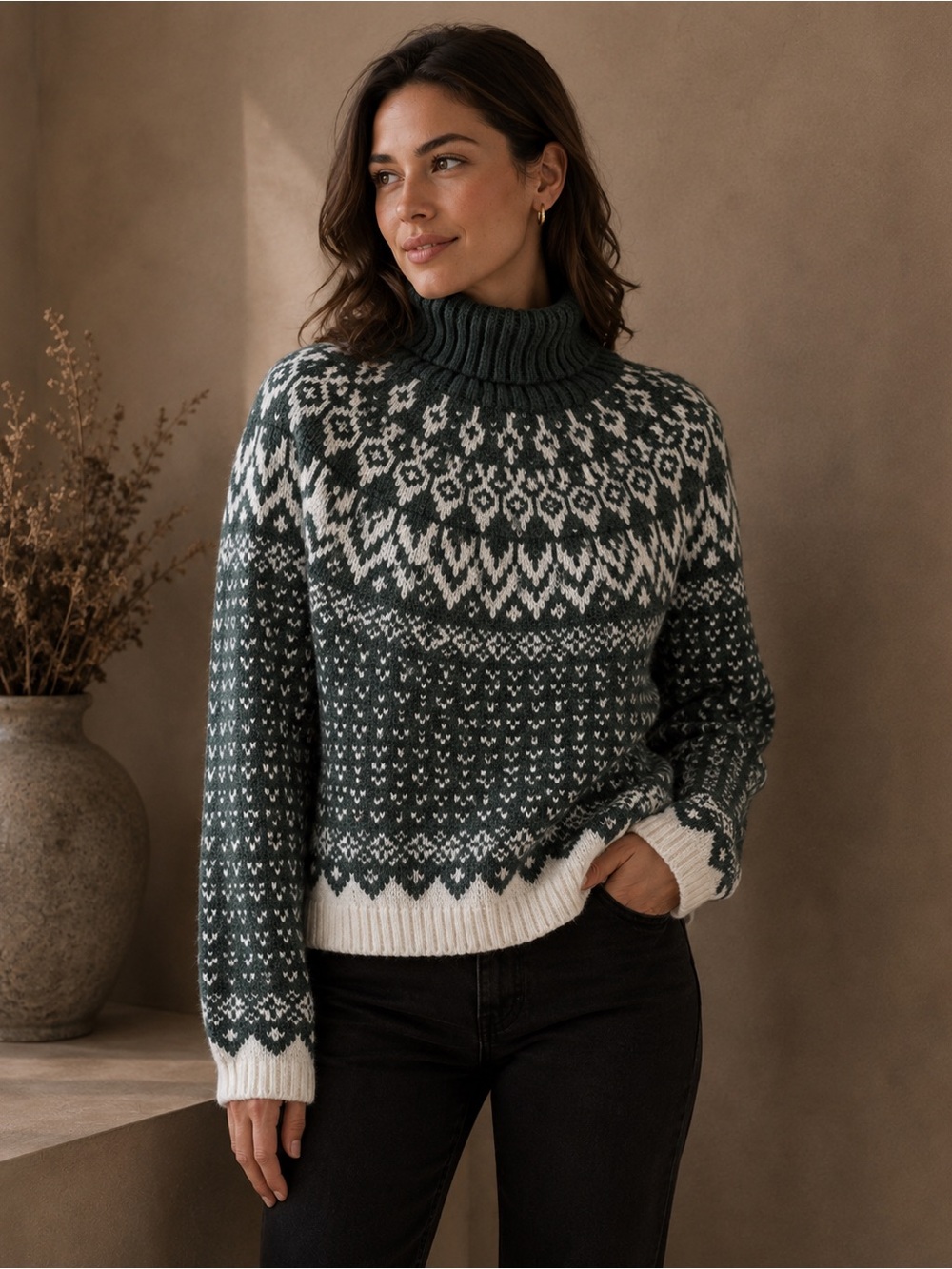 Wind River Heritage Fair Isle Turtleneck Sweater Forest Green & White BNWT